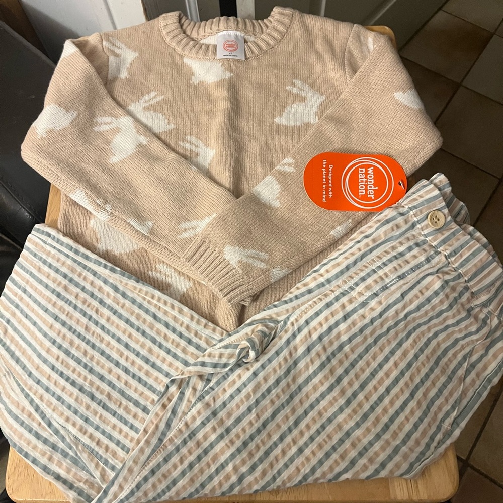 Wonder Nation Kids Bunny Sweater and Striped Pants Set - Beige and Blue